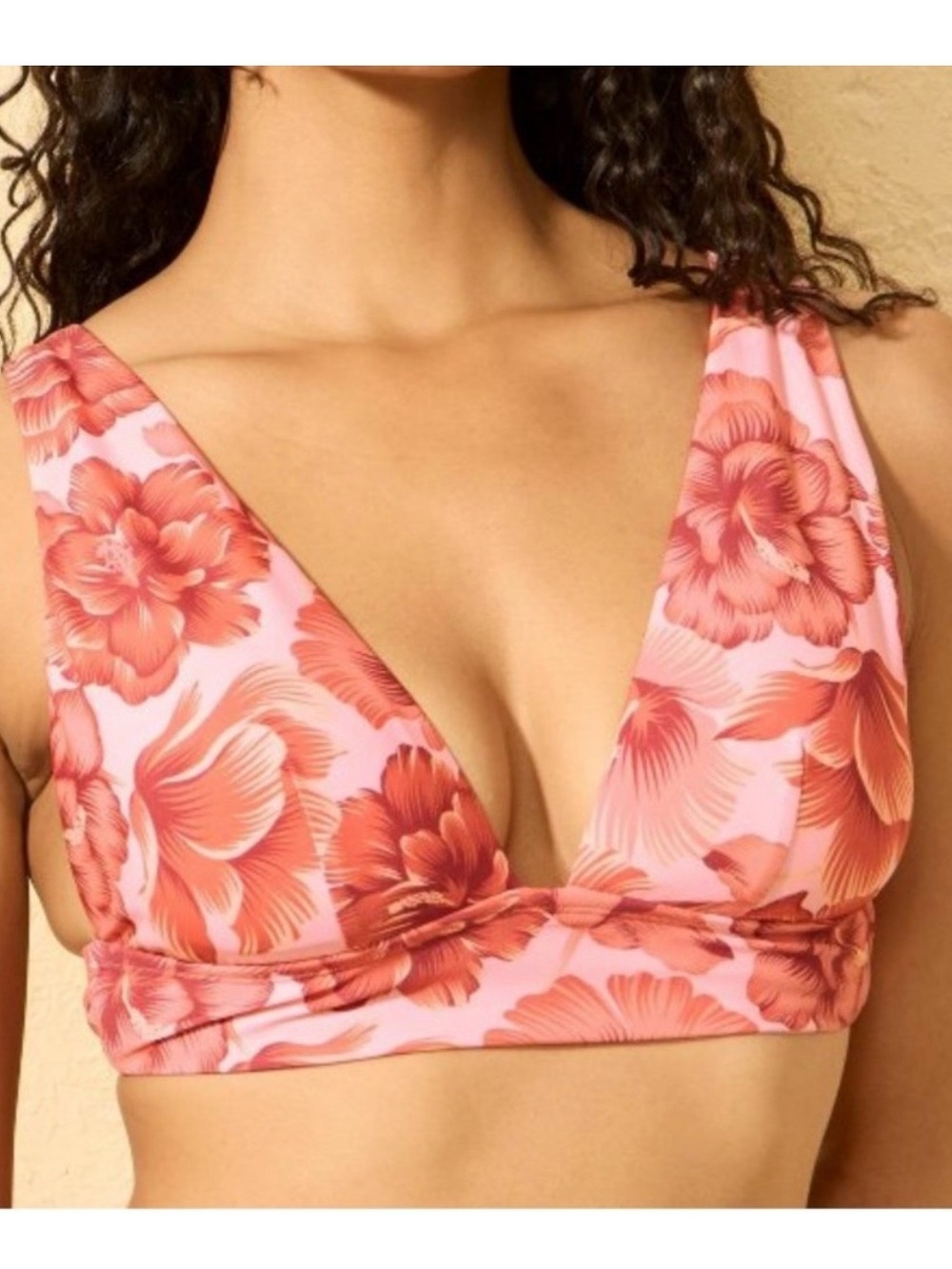 Shade & Shore Pink Floral Tie-Back Bikini Top Hibiscus Longline new size XL